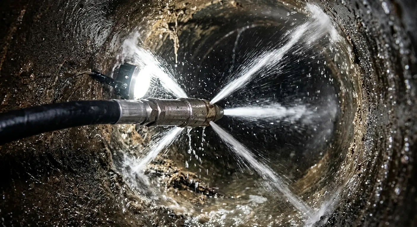 High-pressure hydro jetting nozzle cleaning sewer pipe for Trenchless Sewer Repair in Greenwood