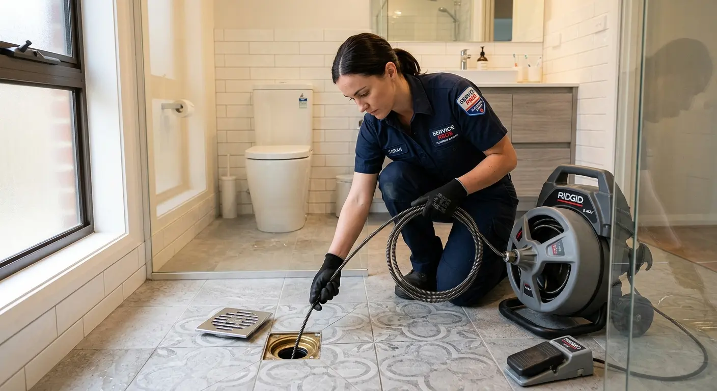 Technician clearing a bathroom floor drain for Drain Cleaning in Greenwood